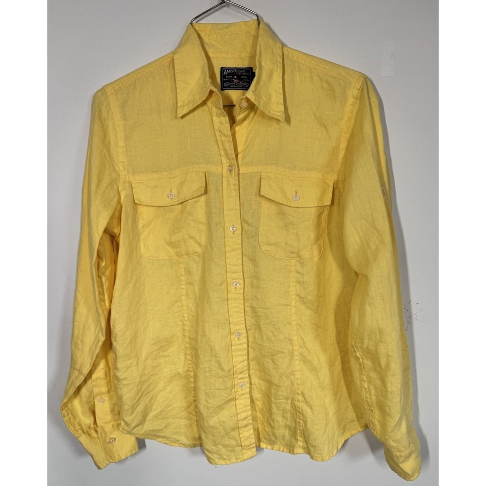 American Living Yellow Long Sleeve Linen Pocket Shirt Roll Tab Sleeves Women's S